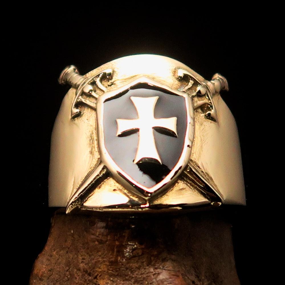 Crossed Swords Men's Knights Templar black Cross Ring made of solid brass with a high polished finish and black enamel detailing.